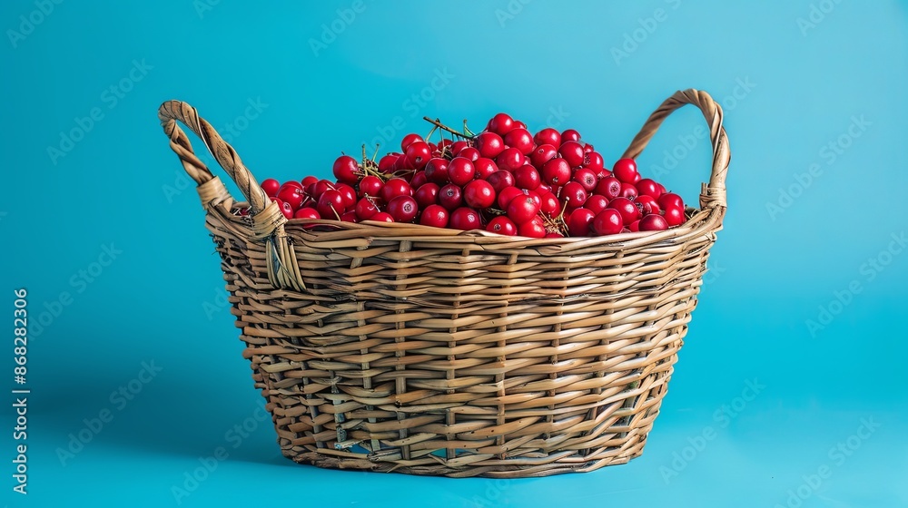 Freshly picked red berries in a rustic wicker basket on blue background. Concept of harvest, healthy eating, autumn, vitamins Freshly picked red berries in a rustic wicker basket on blue background. Concept of harvest, healthy eating, autumn, vitamins