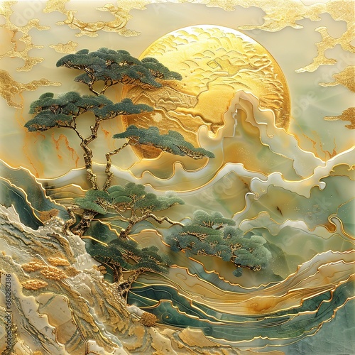 3d modern canvas art mural wallpaper landscape moon, golden christmas trees, colorful mountains