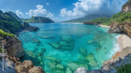 Serene Beauty of Waimea Bay on the North Shore - Big Wave Surfer's Paradise with Turquoise Waters and Cliffs