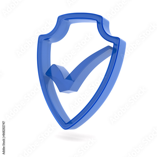 glass shield with checkmark on white background. Isolated 3D illustration