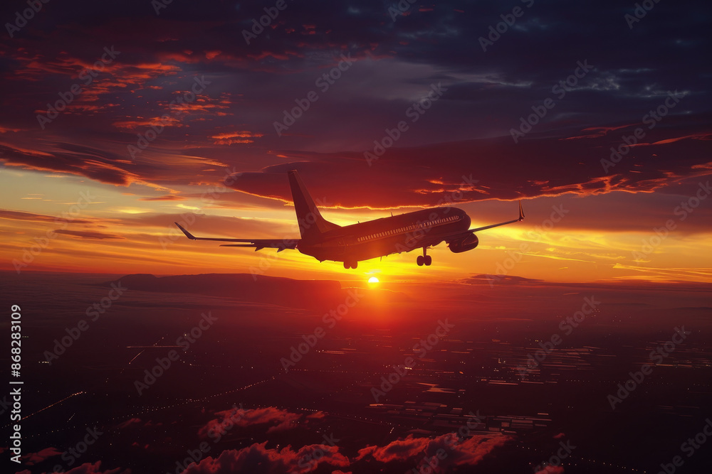 Sunset silhouettes airliner in flight creating breathtaking scene Sunset silhouettes airliner in flight creating breathtaking scene
