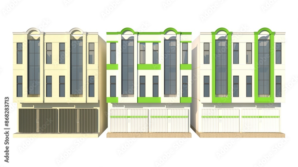 Three Two-Unit, Three-Storey Shophouses in Cream Paint and Green-White Paint with Unique Architectural Styles Three Two-Unit, Three-Storey Shophouses in Cream Paint and Green-White Paint with Unique Architectural Styles