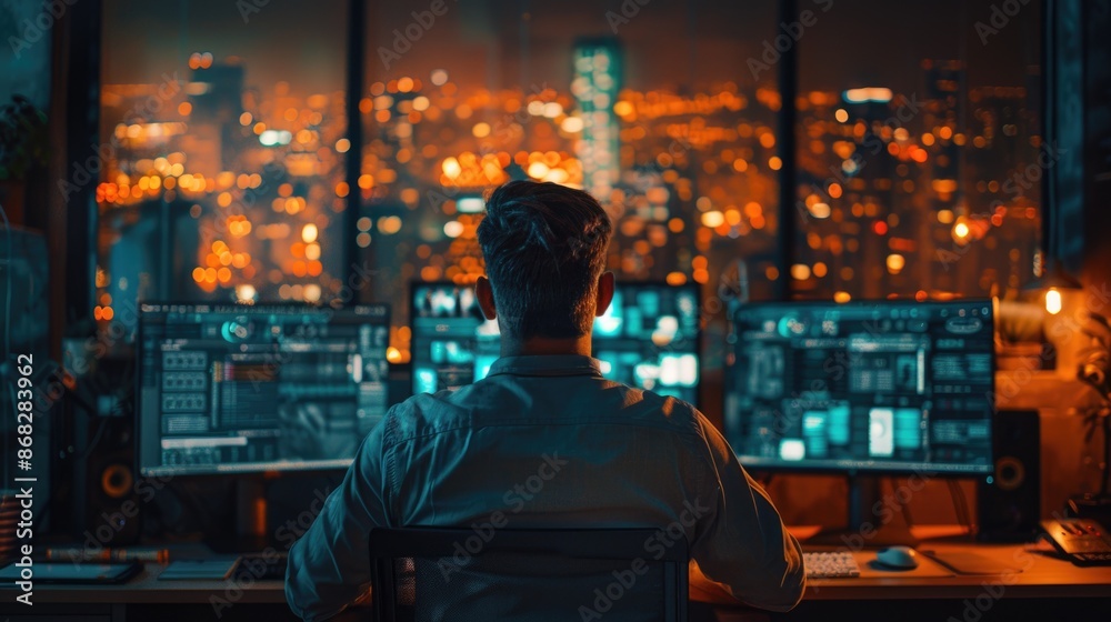 Man Overseeing Nighttime Cityscape from High-Tech Control Room Man Overseeing Nighttime Cityscape from High-Tech Control Room