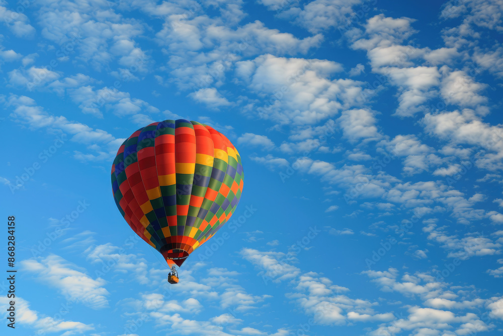 Naklejka premium Colorful hot air balloon peacefully drifting in blue sky and clouds