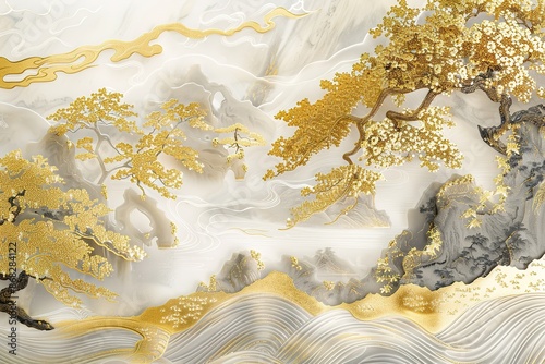 3d modern canvas art mural wallpaper landscape moon, golden christmas trees, colorful mountains