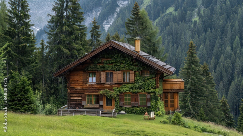 alpine chalet with Bahama shutters designed to mimic the surrounding pine trees, providing camouflage and aesthetic appeal alpine chalet with Bahama shutters designed to mimic the surrounding pine trees, providing camouflage and aesthetic appeal