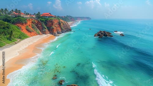Serene Tranquility at Varkala Beach, Kerala - Minimalist Scene of White Sands, Turquoise Waters, and Cliffs