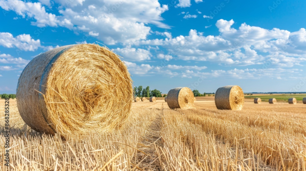 Golden hay bales on a vast farmland under blue sky Golden hay bales on a vast farmland under blue sky