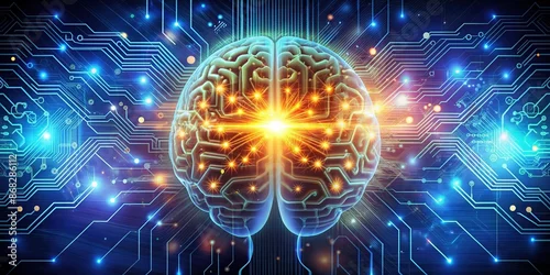 Obraz Stylized illustration of a glowing human brain icon surrounded by circuitry elements and subtle light effects, symbolizing intelligence, creativity, and innovation.