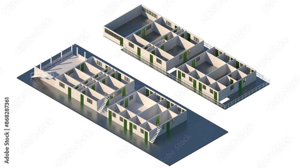 Axonometric Floor Plan of Rooms in Blocks Painted White with Green Accent Doors for Modern Interiors Axonometric Floor Plan of Rooms in Blocks Painted White with Green Accent Doors for Modern Interiors