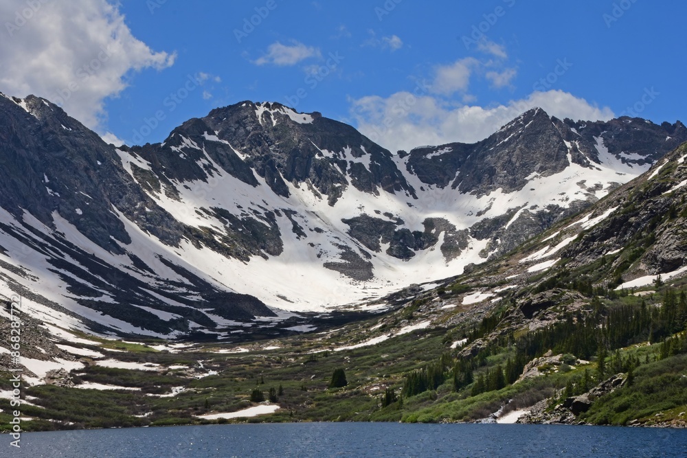 upper blue lake reservoir on a sunny summer day in the blue mesa wilderness area in the rocky mountains near breckenridge, colorado upper blue lake reservoir on a sunny summer day in the blue mesa wilderness area in the rocky mountains near breckenridge, colorado