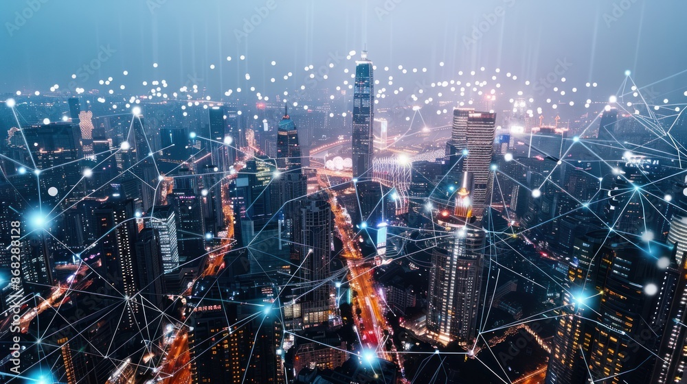Fototapeta premium Futuristic Smart Cities: Globalization and Network Connections in the Modern Digital Landscape.