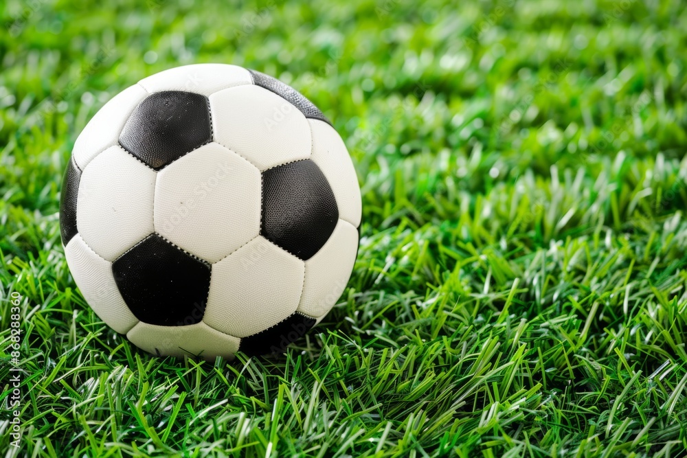 Classic soccer ball on vibrant green grass field Classic soccer ball on vibrant green grass field