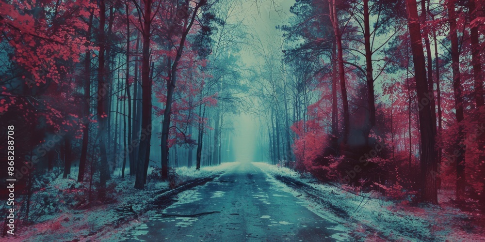 Fototapeta premium Surreal Forest Road in Mysterious Environment. Misty Forest Path. Enchanting Landscape