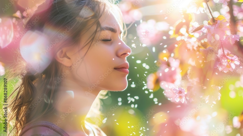 A woman enjoys the beauty of spring blossoms in sunlight, surrounded by soft pink and white flowers and a dreamy atmosphere. A woman enjoys the beauty of spring blossoms in sunlight, surrounded by soft pink and white flowers and a dreamy atmosphere.