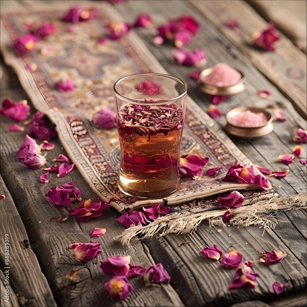Rose Tea on a Wooden Table with Petals Rose Tea on a Wooden Table with Petals