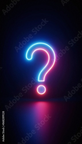 Neon question mark floating on a dark background - Concept for doubt and questioning