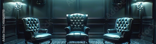 Corporate boardroom with gothicstyle furniture and dim, atmospheric lighting