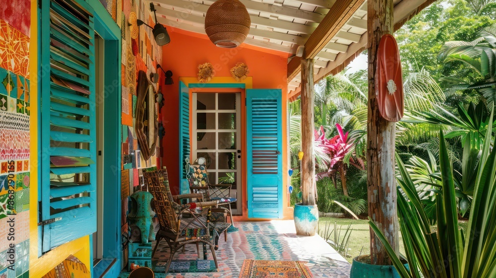Obraz premium artista??s hideaway with colorful mosaic Bahama shutters, inspiring creativity and imagination
