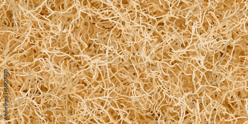 Kraft wrapping paper shredded as a box filler in a seamless pattern. Top view of gift packaging filled with cut craft cardboard or ribbon. Careful delivery of goods and fragile valuable gifts