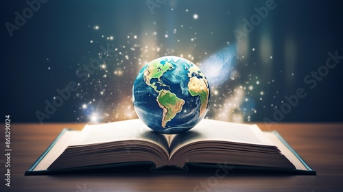 Futuristic global education with open book and planet map on blue background. AI generated image. © SaiMaiJuthamas