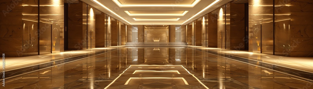 Obraz premium Corporate hallway with Renaissance artwork and sleek, modern surfaces
