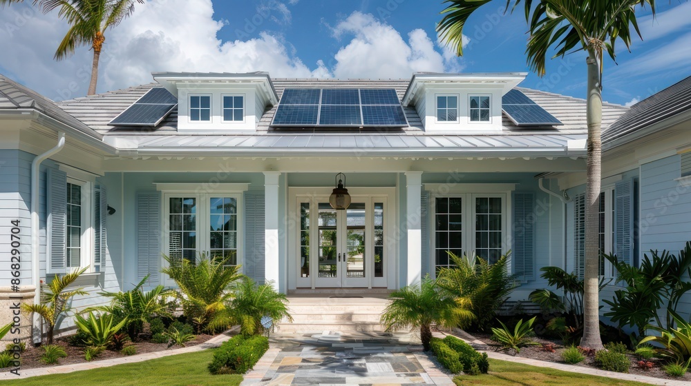 Fototapeta premium eco-friendly home with Bahama shutters made from sustainable materials, reflecting the owner's commitment to environmental conservation