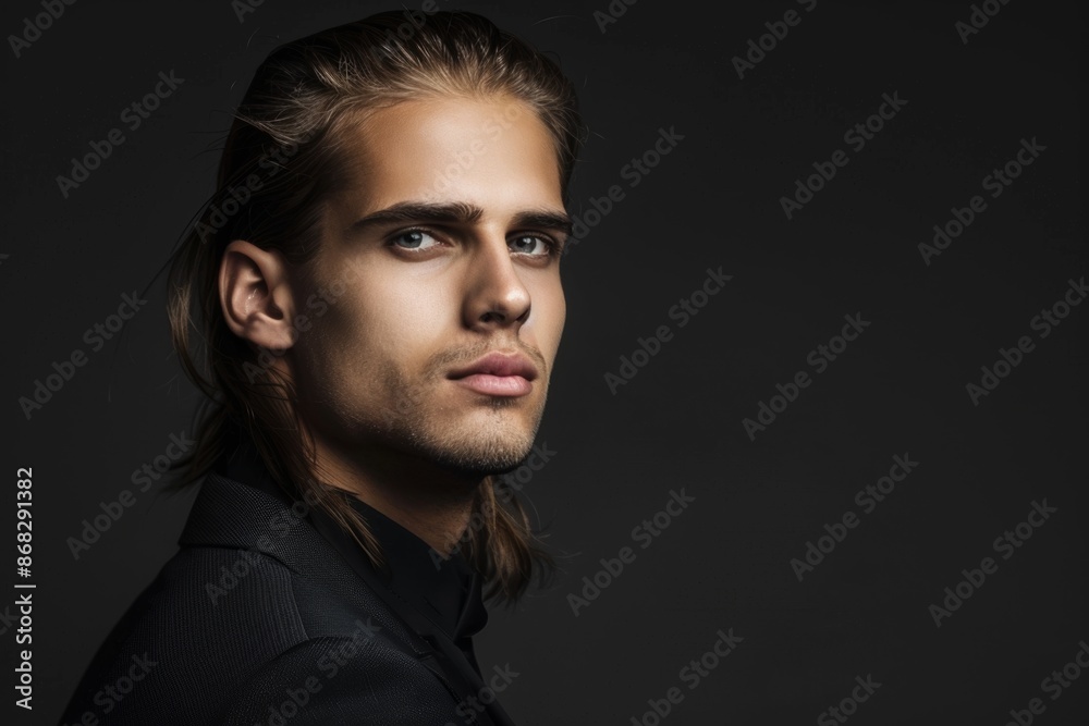 Handsome young man with long hair in a stylish black suit Handsome young man with long hair in a stylish black suit