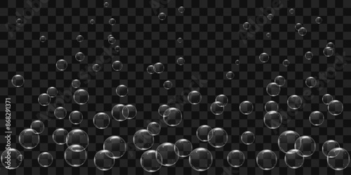 Bubbles of air or carbonated water underwater rise up. Realistic 3d vector on transparent background.