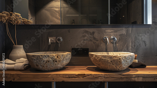 Modern Minimalism: A Bathroom with Wooden Countertop and Stone Basins © 대연 김