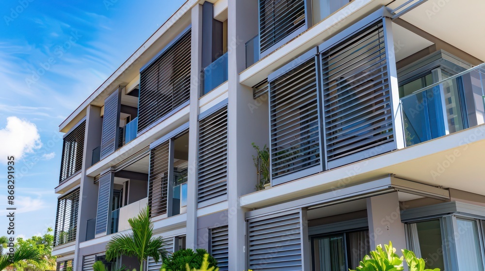 urban apartment building with sleek, metallic Bahama shutters, adding a modern touch and enhancing privacy for residents urban apartment building with sleek, metallic Bahama shutters, adding a modern touch and enhancing privacy for residents