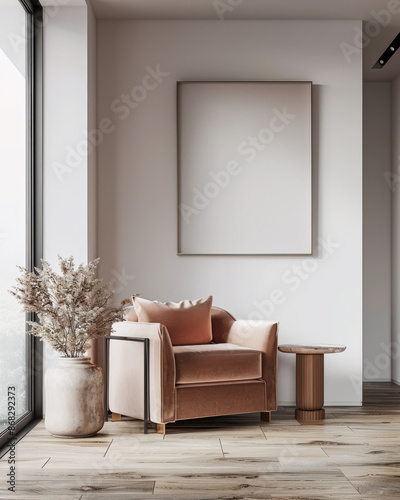 Minimalist living room interiors in peach colors with minimal furniture and a window filling the room with natural lighting. Modern Real Estate advertising composition.