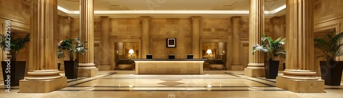 Corporate reception area with Romanesque stone pillars and sleek modern desk © peeradol