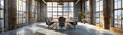 Fusion Brutalist conference room with exposed concrete and modern ergonomic furniture