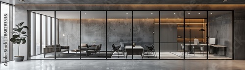 Fusion Brutalist modern corporate interior design with raw concrete walls and sleek glass partitions