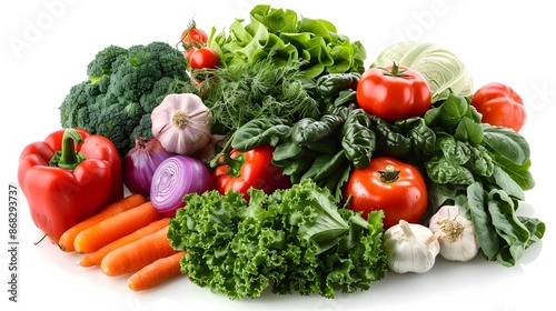 A colorful assortment of fresh vegetables, including tomatoes, peppers, carrots, broccoli, and leafy greens, on a white background.