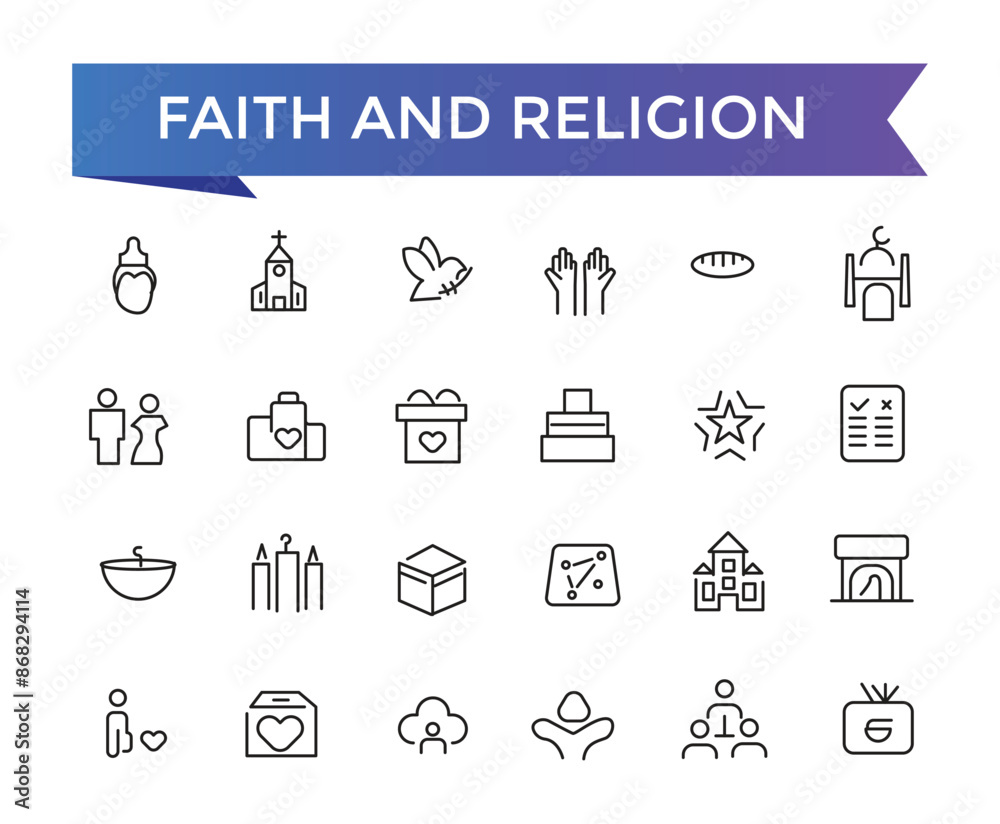 Naklejka premium Faith And Religion Line Icons set with editable stroke collection for web and ui. Line icons pack. Vector illustration.