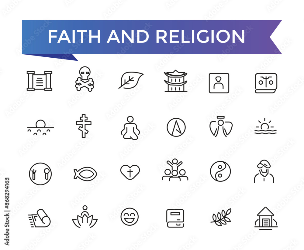 Faith And Religion Line Icons set with editable stroke collection for web and ui. Line icons pack. Vector illustration. Faith And Religion Line Icons set with editable stroke collection for web and ui. Line icons pack. Vector illustration.