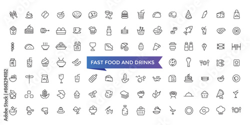 Fast Food And Drinks Line Icons set with editable stroke collection for web and ui. Line icons pack. Vector illustration.