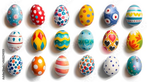 A collection of colorful decorated Easter eggs, featuring various designs, arranged in rows on a white background.