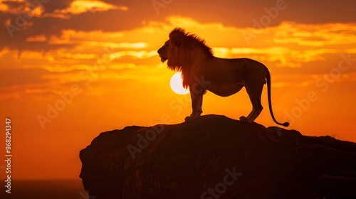 A majestic lion stands on a rock at sunset, its silhouette framed by the orange sky, exuding power and presence.