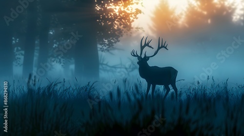 A deer with antlers stands gracefully in a misty forest at dawn, surrounded by tall trees and soft light.