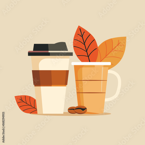  two coffee cups, one to-go and one mug, surrounded by autumn leaves, symbolizing a cozy fall beverage moment