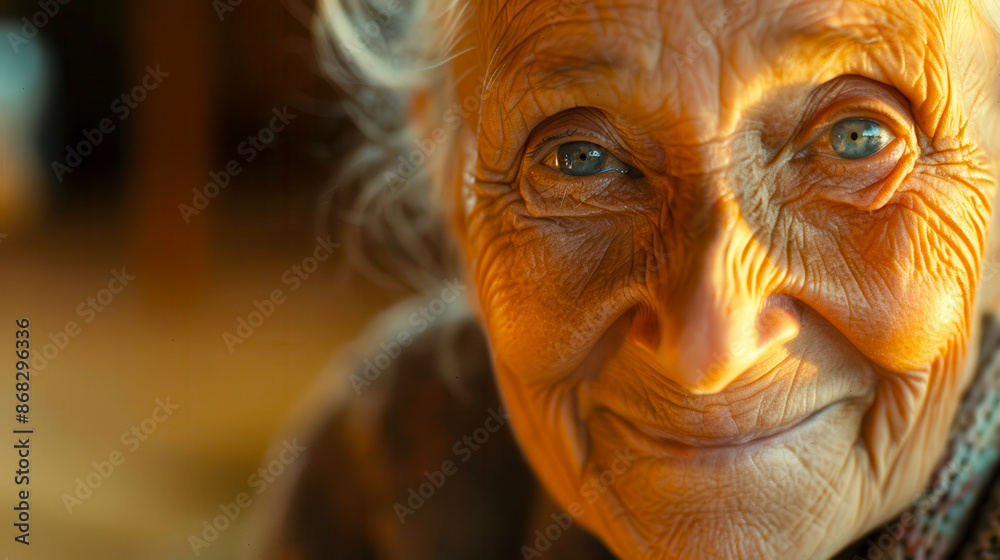 Portrait of an elderly woman with a smile, wrinkles on her face, warm light illuminating her skin Portrait of an elderly woman with a smile, wrinkles on her face, warm light illuminating her skin