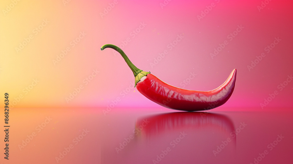 A vivid red chili pepper lies on a monochromatic red surface, red hot chili isolated on gradient background. A vivid red chili pepper lies on a monochromatic red surface, red hot chili isolated on gradient background.