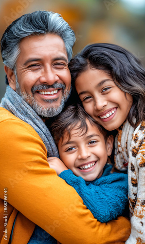 Loving father hugging his smiling children, showcasing a joyful and affectionate family moment filled with warmth and happiness © TATIANA Z