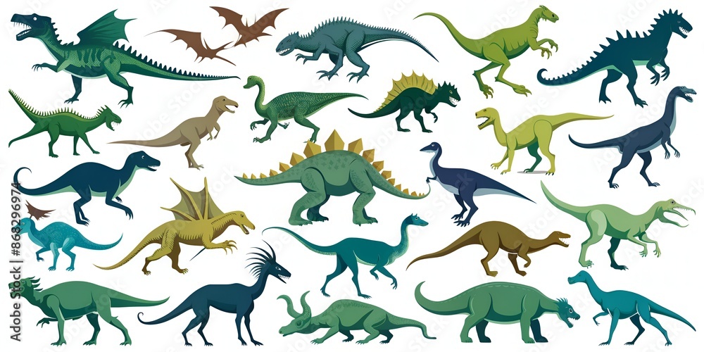 Collection of 25 iconic dinosaur silhouettes including T-Rex, Triceratops, and Velociraptor set against a clean white background, perfect for educational or creative uses.