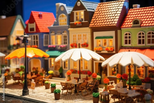 Market Square Delights: Close-up shots of beverages and pastries on a bustling village square with market stalls and colorful umbrellas.