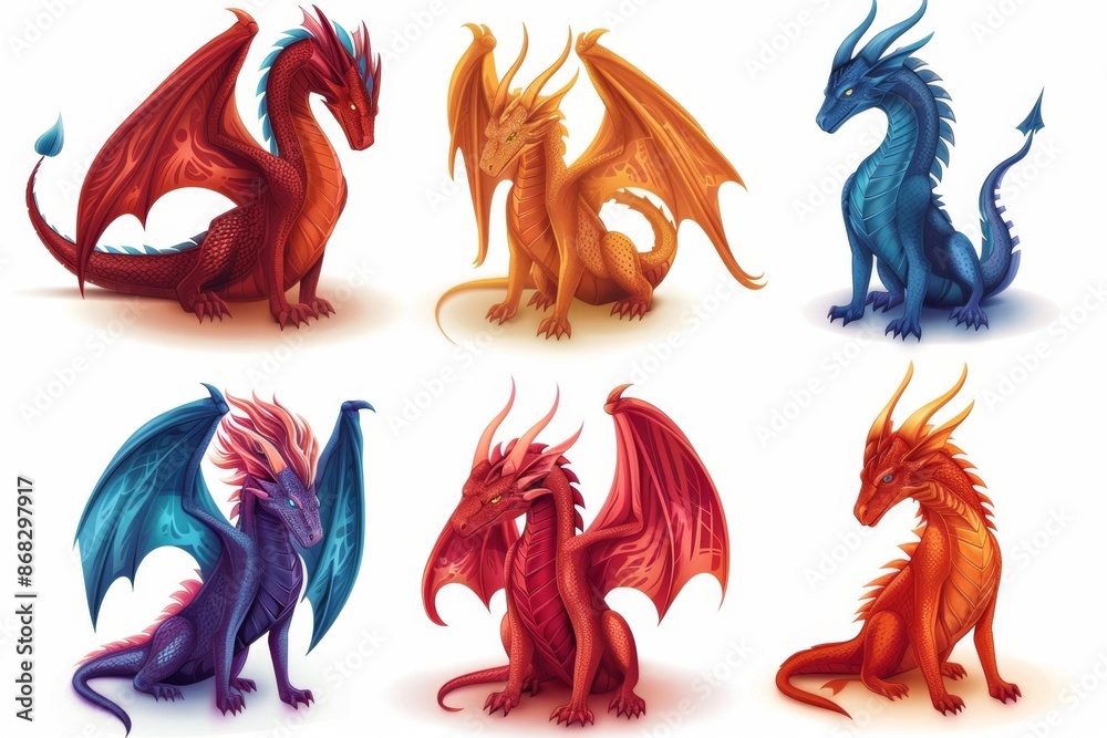 Naklejka premium Dragons icon set, dino symbols, 3d realistic dinosaurs isolated, monster animals