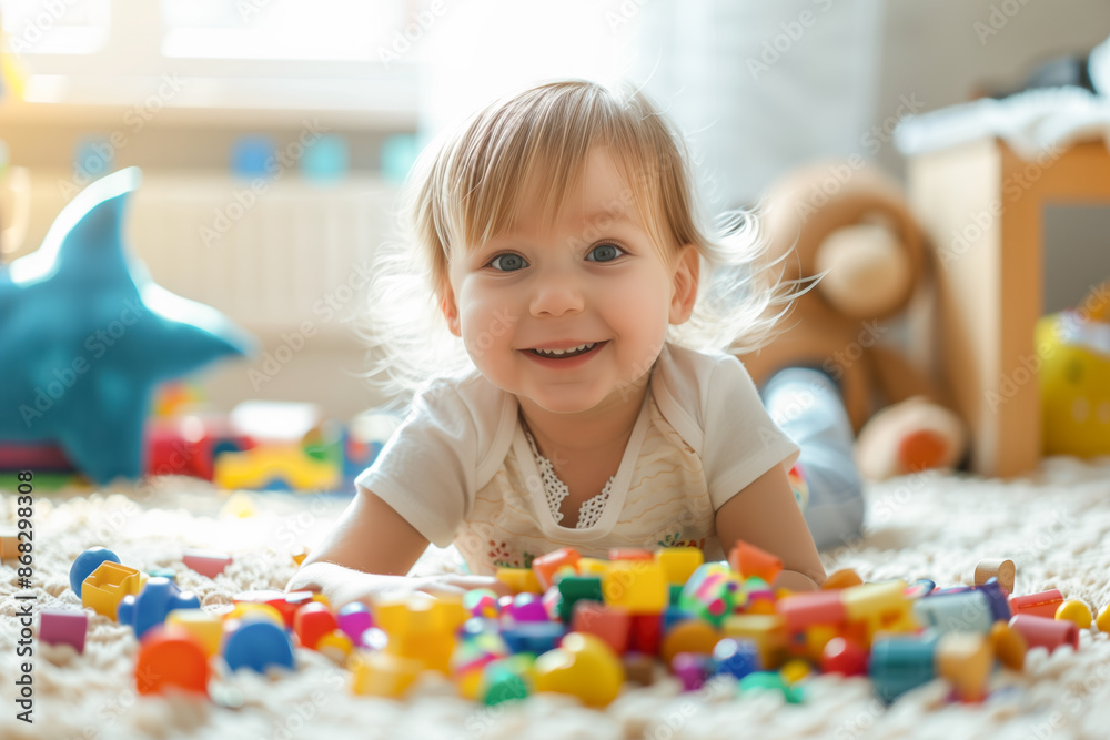 Baby playing on the carpet at home with her toys Baby playing on the carpet at home with her toys